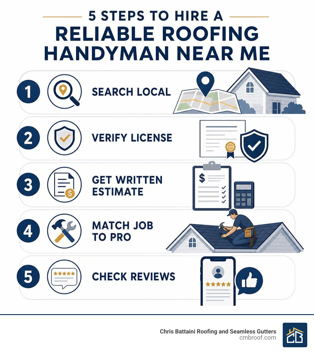 Infographic: 5 steps to hire a reliable roofing handyman near me — search local, verify license, get written estimate, match