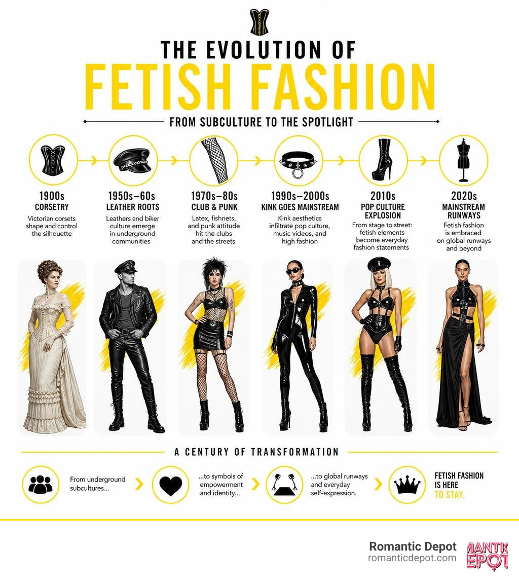 Timeline infographic showing the evolution of fetish fashion subcultures from 1900s corsetry to 2020s mainstream runways