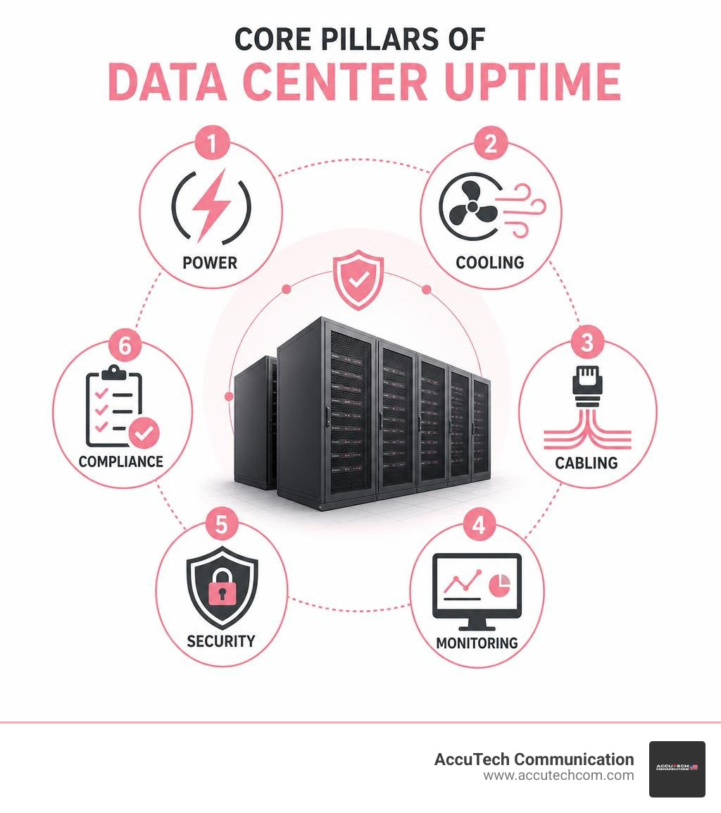 Core pillars of data center uptime: power, cooling, cabling, monitoring, security, compliance infographic