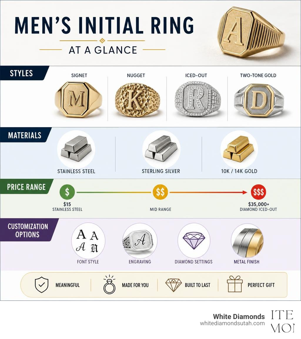 Infographic showing mens initial ring styles, materials, price ranges, and customization options at a glance infographic Infographic showing mens initial ring styles, materials, price ranges, and customization options at a glance infographic
