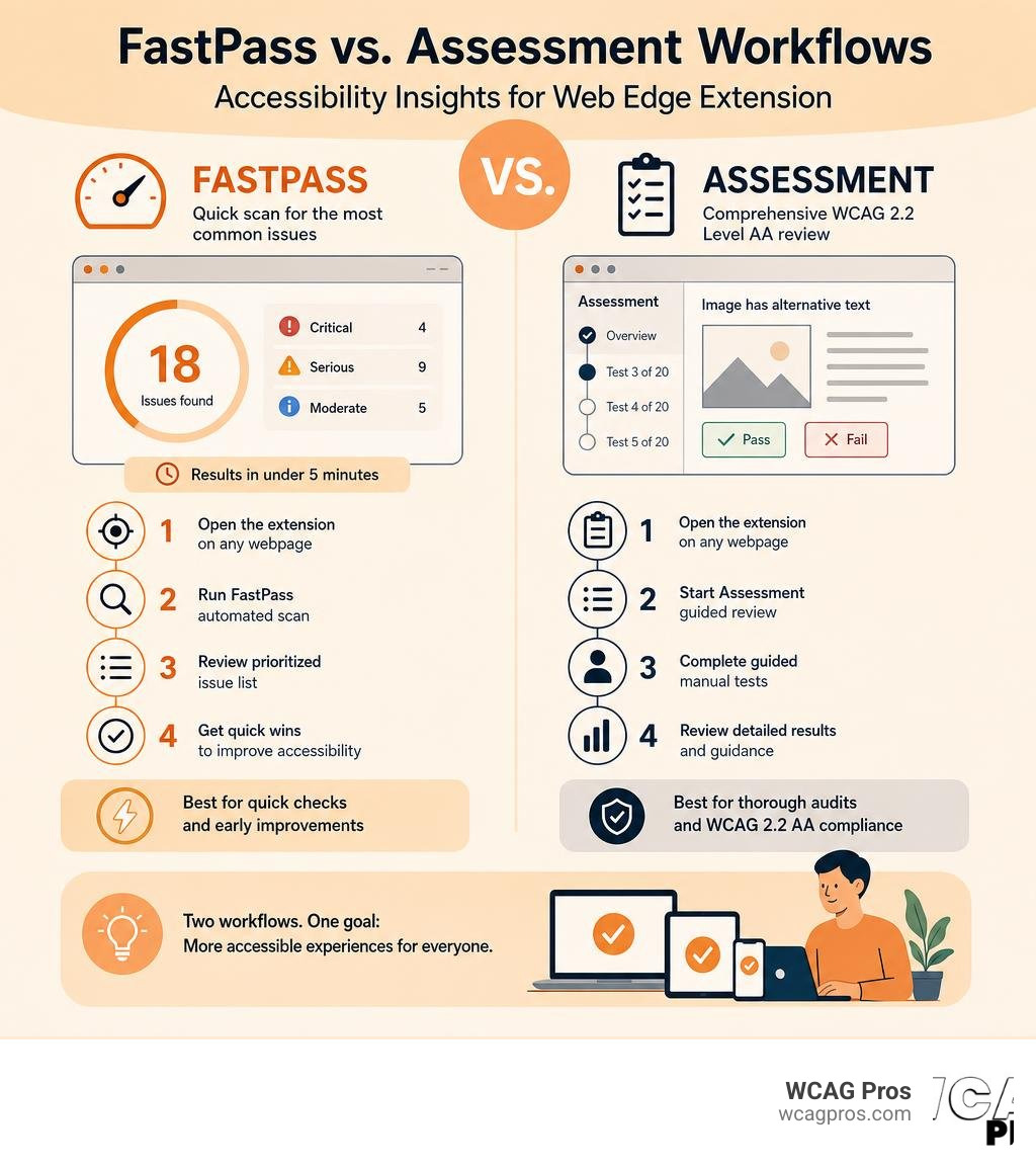 FastPass versus Assessment workflows for Accessibility Insights for Web Edge Extension infographic FastPass versus Assessment workflows for Accessibility Insights for Web Edge Extension infographic