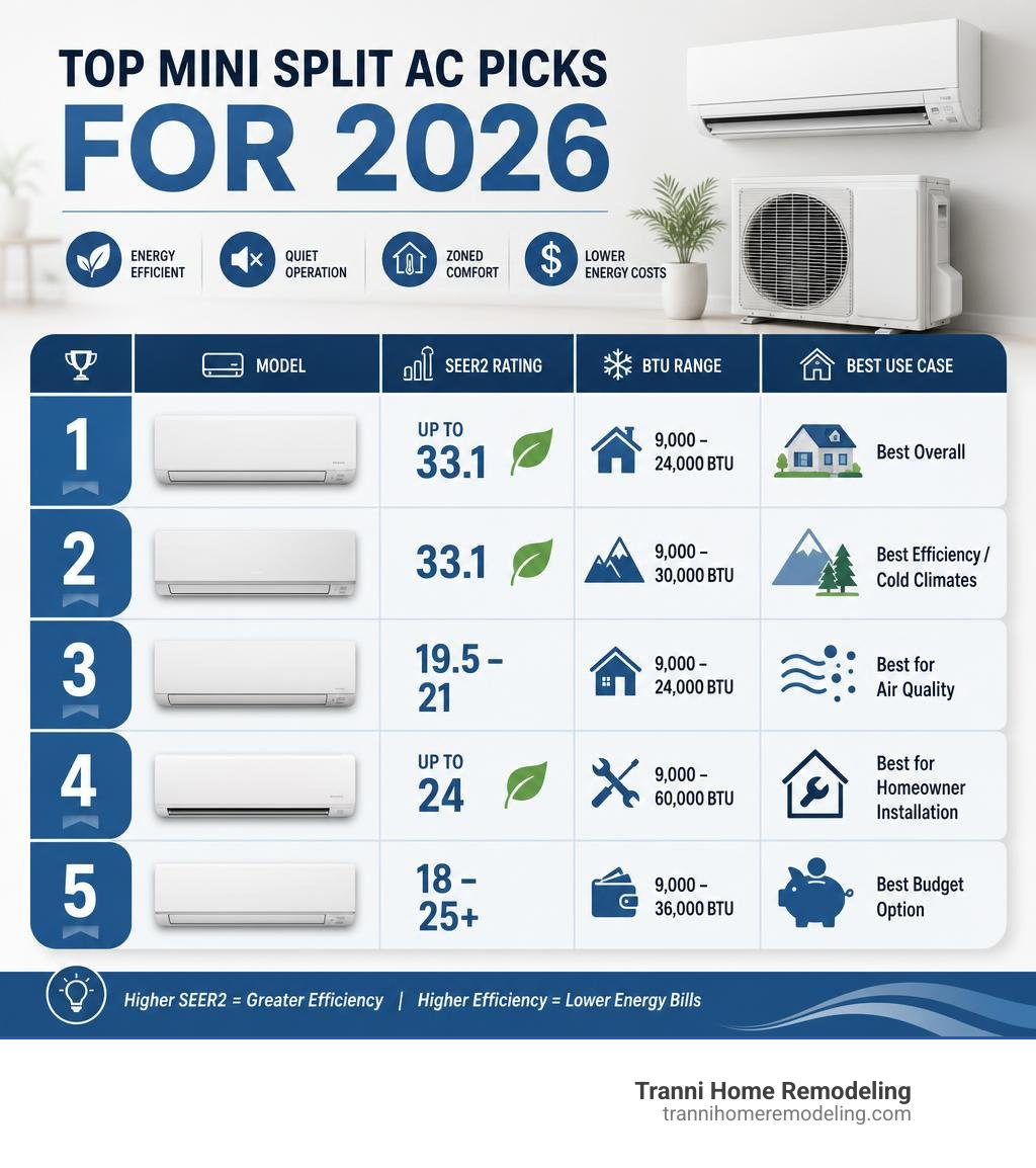 infographic showing top mini split AC picks for 2026 with SEER2 ratings, BTU ranges, and best use cases infographic infographic showing top mini split AC picks for 2026 with SEER2 ratings, BTU ranges, and best use cases infographic