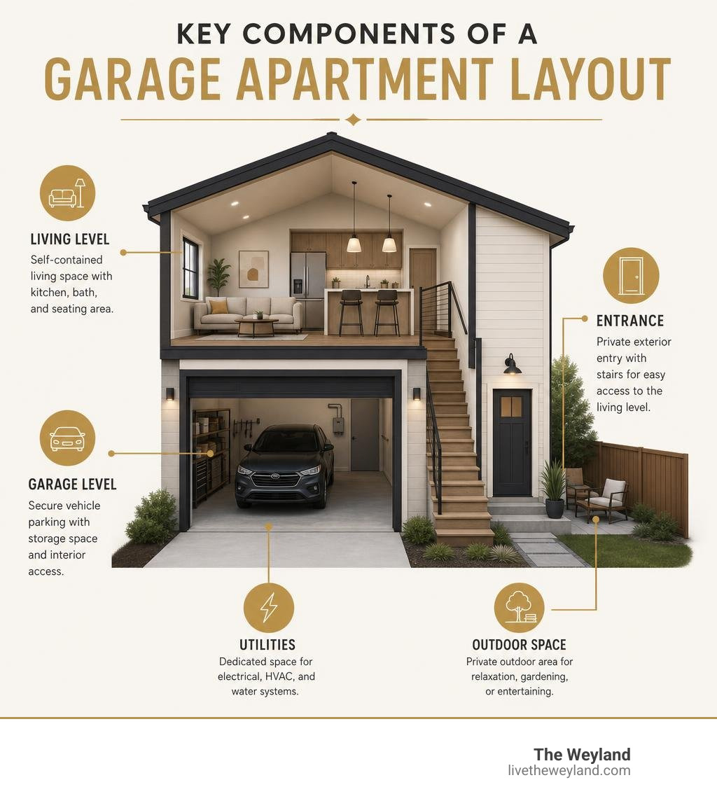 Key components of a garage apartment layout: garage level, living level, entrance, utilities, and outdoor space infographic Key components of a garage apartment layout: garage level, living level, entrance, utilities, and outdoor space infographic