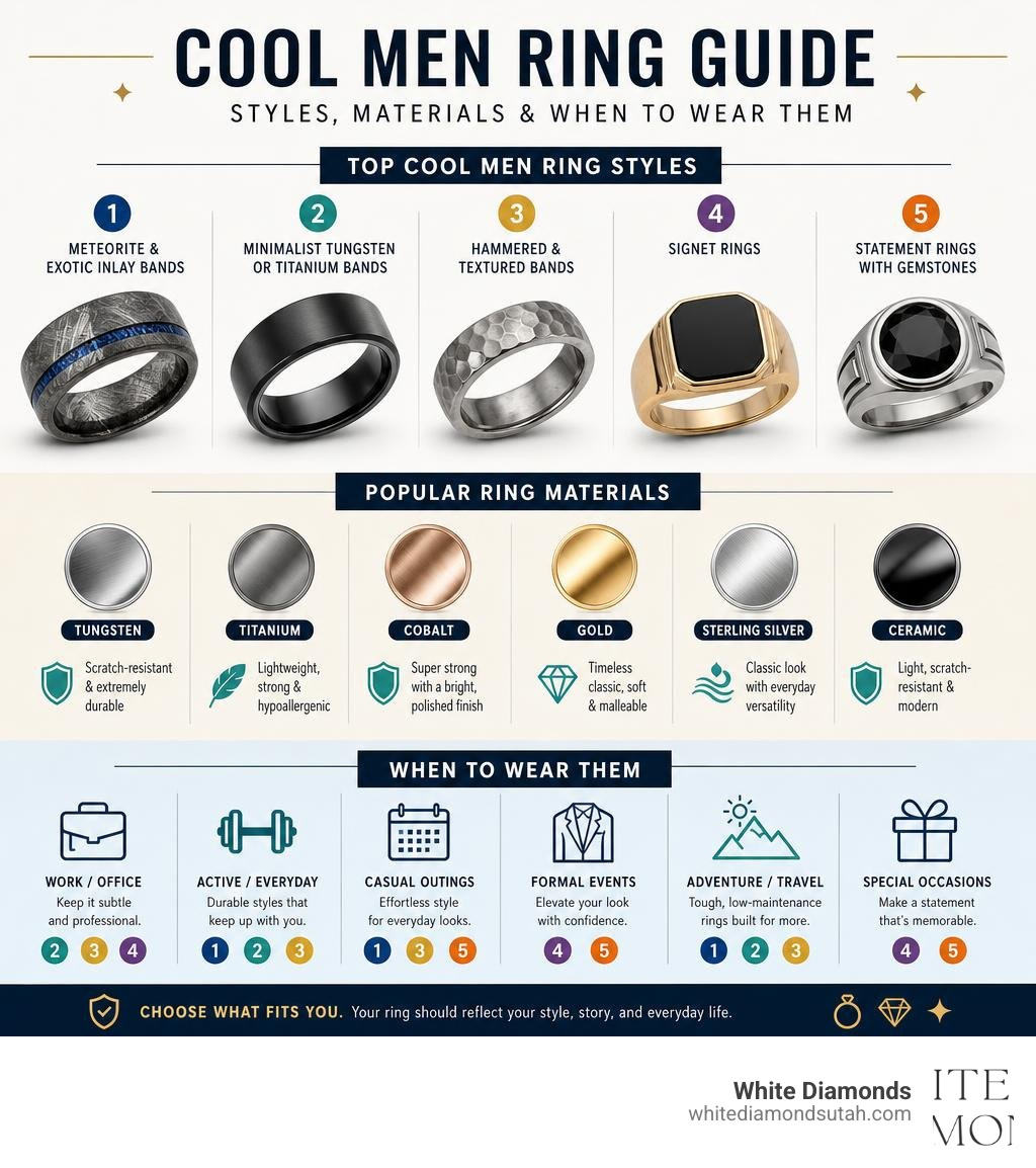 Infographic showing top cool men ring styles, materials, and when to wear them infographic