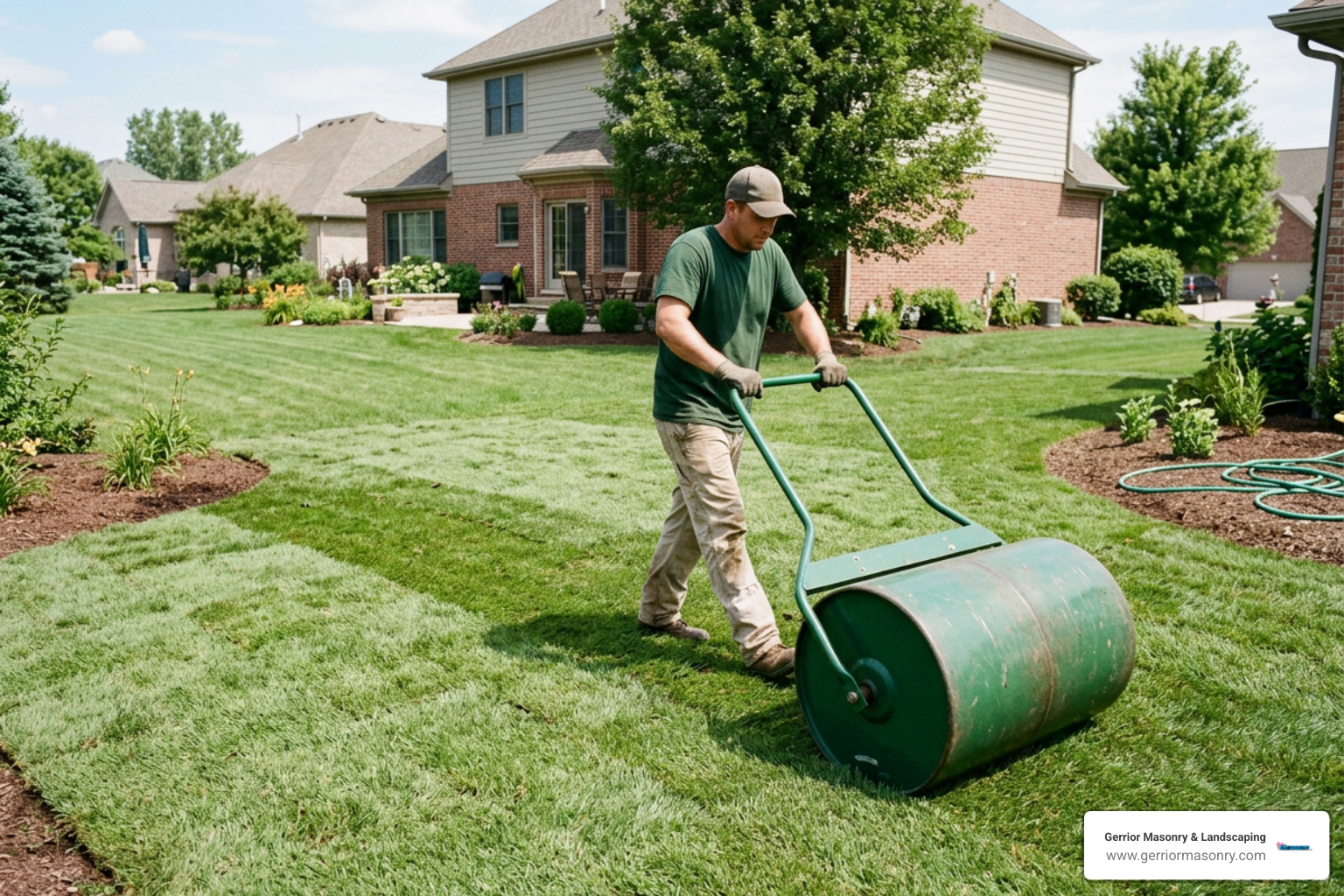 Sod being rolled with a water-filled roller