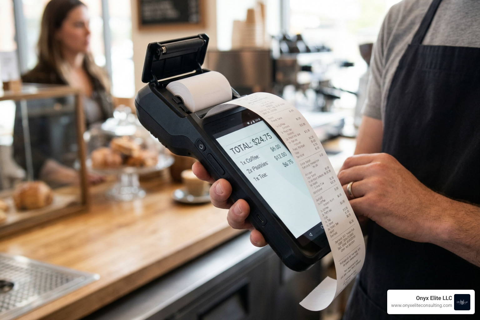 built-in thermal printer on a handheld POS printing a receipt built-in thermal printer on a handheld POS printing a receipt