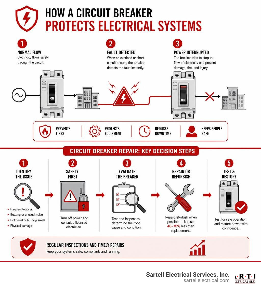 Infographic showing how a circuit breaker protects electrical systems and key repair decision steps infographic Infographic showing how a circuit breaker protects electrical systems and key repair decision steps infographic