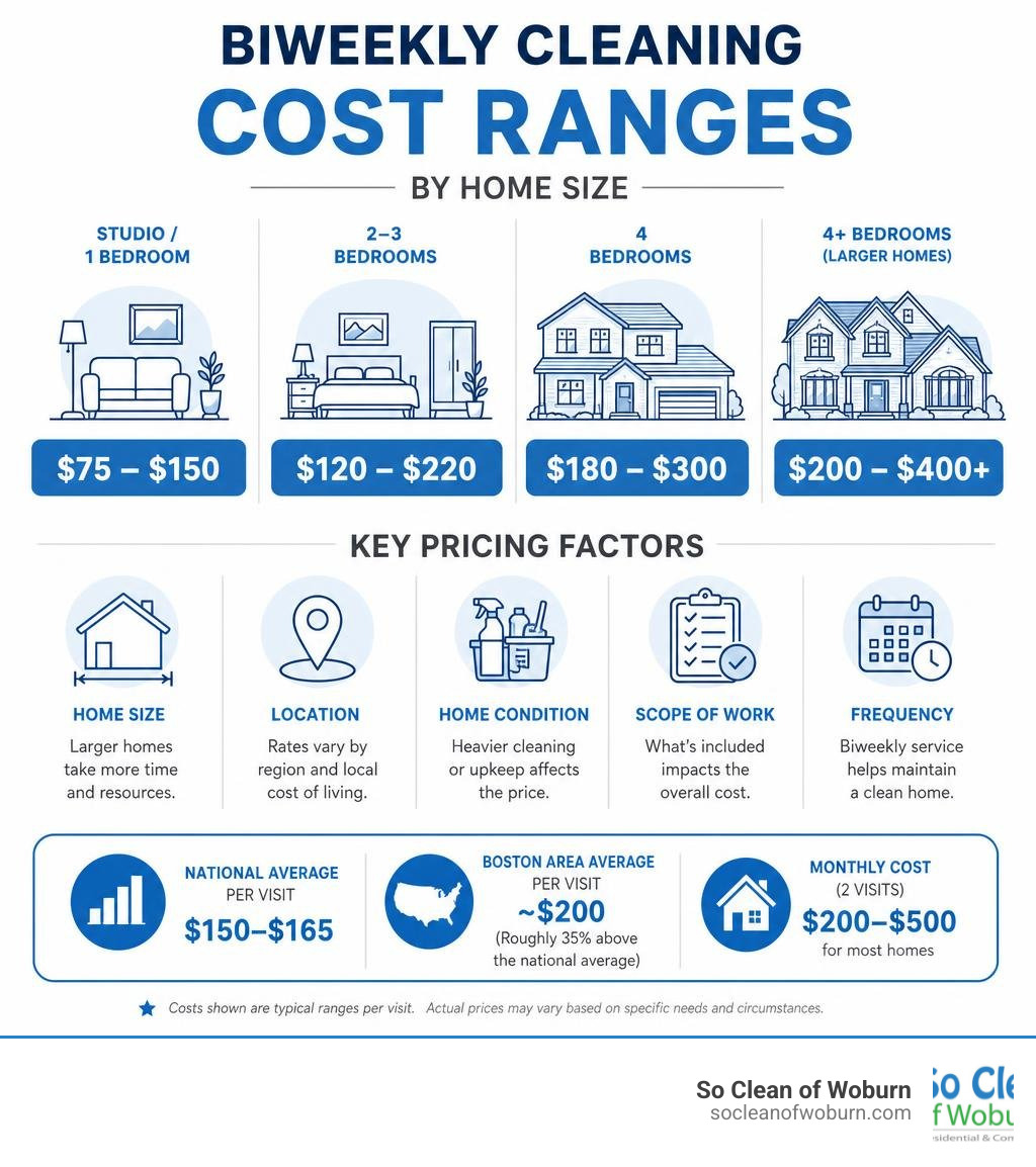 Infographic showing biweekly cleaning cost ranges by home size and key pricing factors infographic