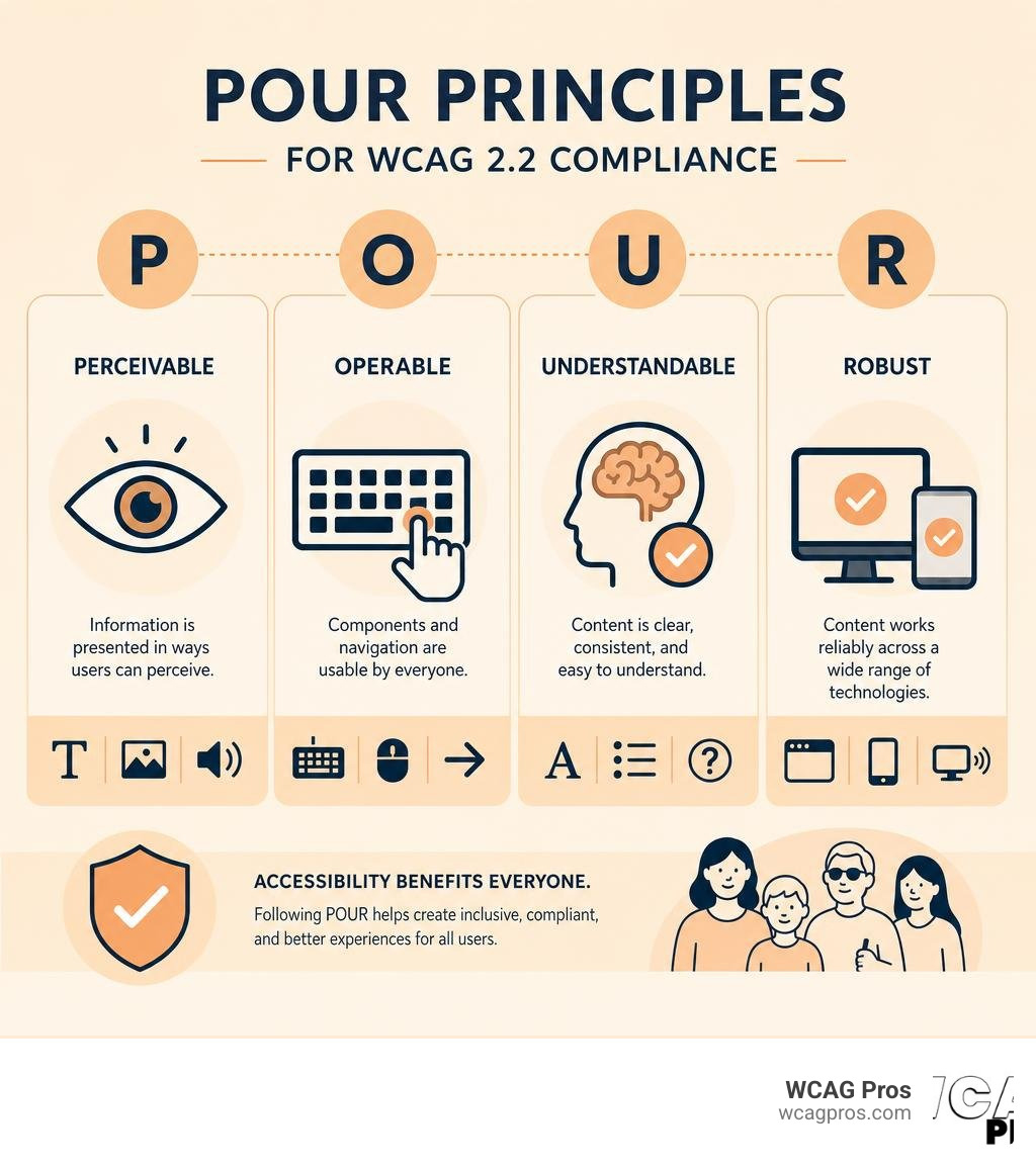 Infographic showing the POUR principles: Perceivable, Operable, Understandable, Robust for WCAG 2.2 compliance infographic Infographic showing the POUR principles: Perceivable, Operable, Understandable, Robust for WCAG 2.2 compliance infographic
