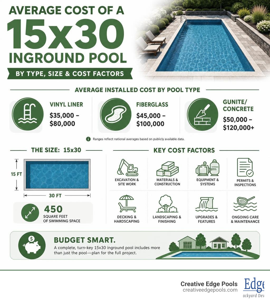 Infographic showing average cost of 15x30 inground pool by type, size, and cost factors infographic