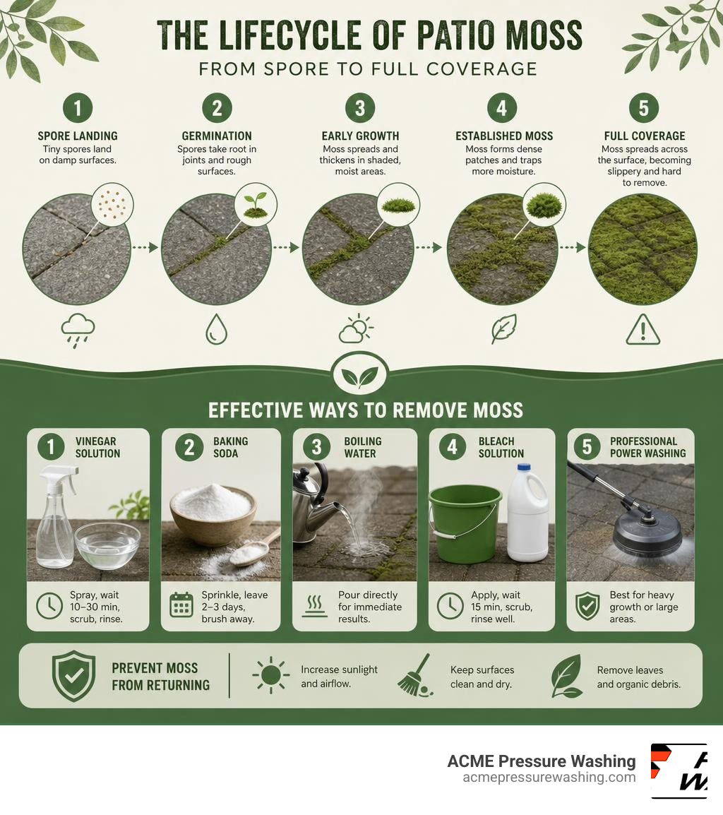 Infographic showing the lifecycle of patio moss from spore to full coverage and removal methods infographic Infographic showing the lifecycle of patio moss from spore to full coverage and removal methods infographic
