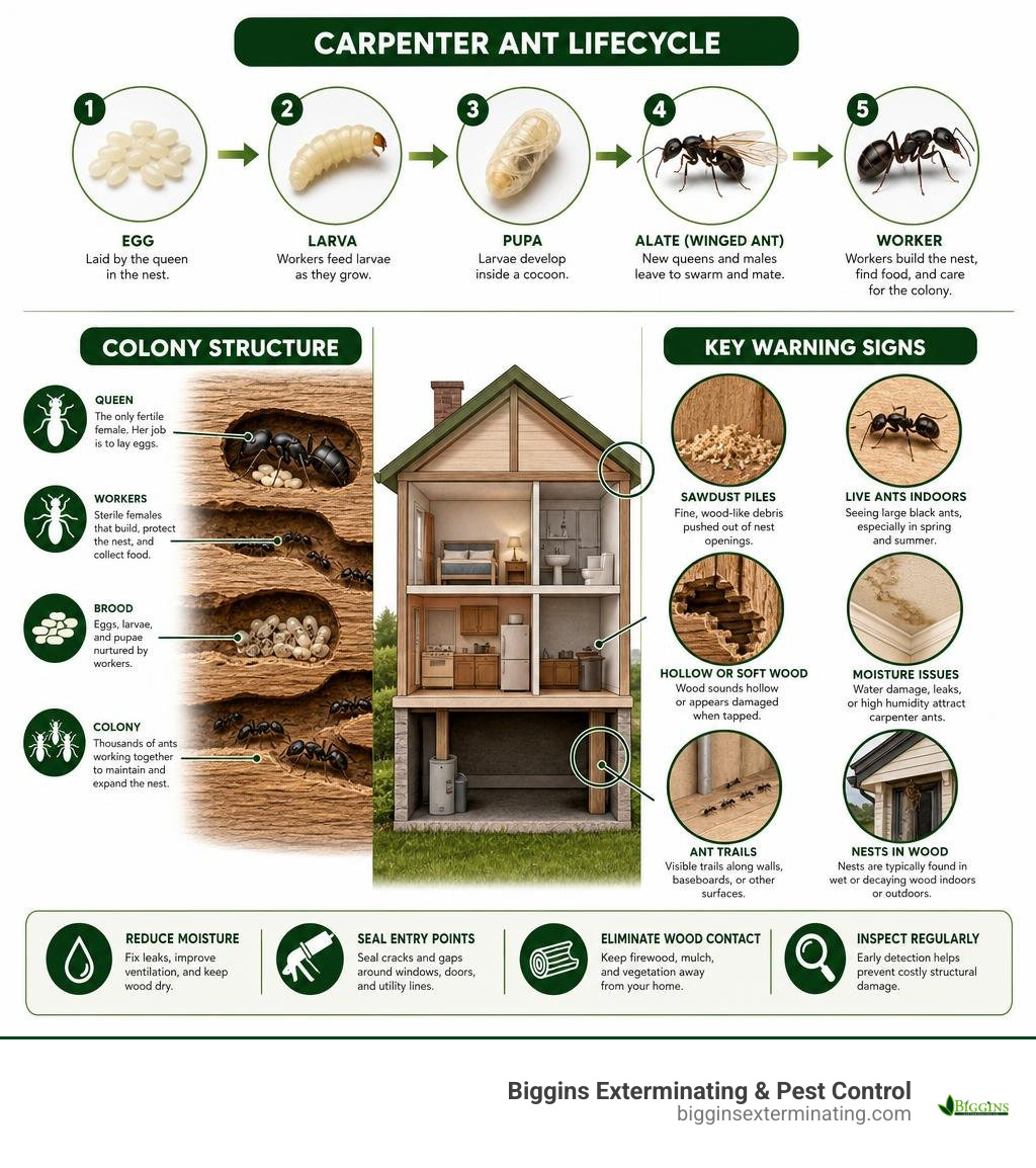 Carpenter ant lifecycle, colony structure, and key warning signs infographic infographic