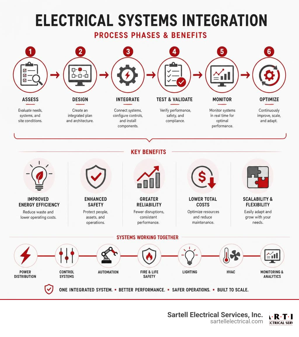 Flowchart infographic showing phases and benefits of electrical systems integration process infographic Flowchart infographic showing phases and benefits of electrical systems integration process infographic