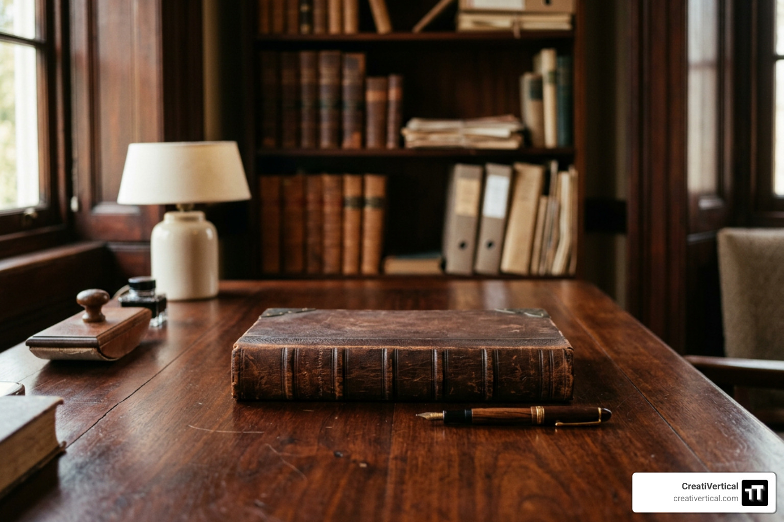 Vintage office workspace with a leather-bound corporate registry and fountain pen