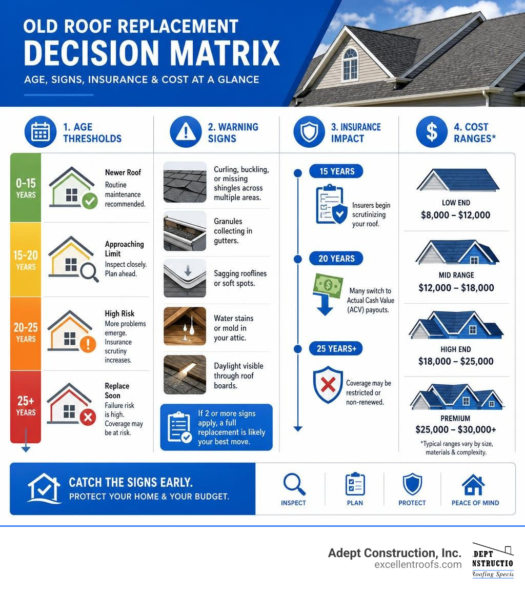 Roof replacement decision matrix showing age thresholds, warning signs, insurance impact, and cost ranges infographic