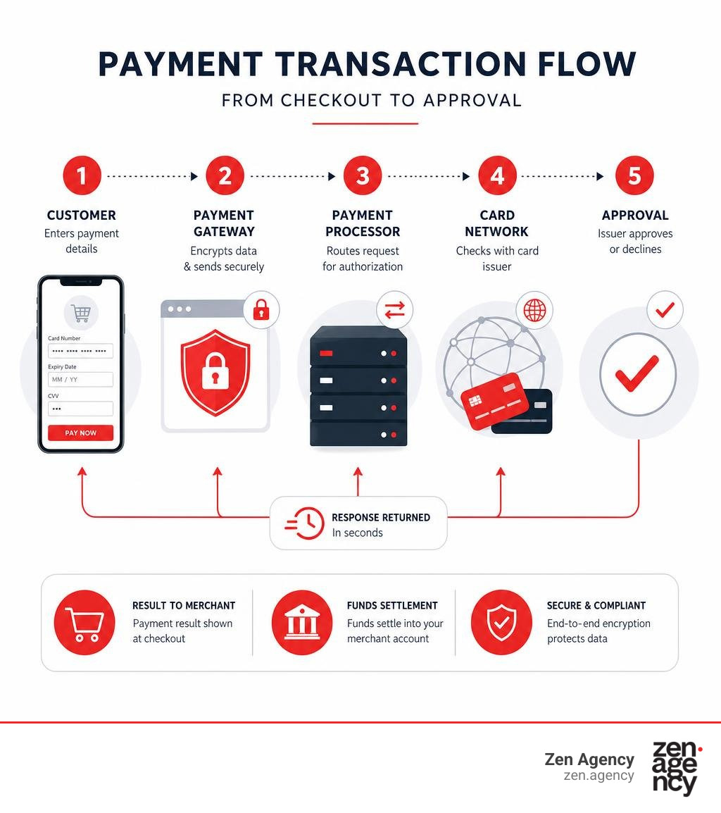 Payment gateway transaction flow infographic: customer to gateway to processor to card network to approval infographic Payment gateway transaction flow infographic: customer to gateway to processor to card network to approval infographic