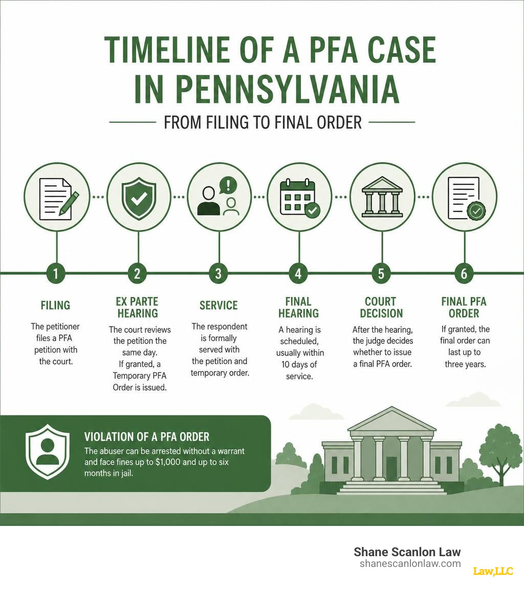Timeline of a PFA case in Pennsylvania from filing to final order infographic Timeline of a PFA case in Pennsylvania from filing to final order infographic