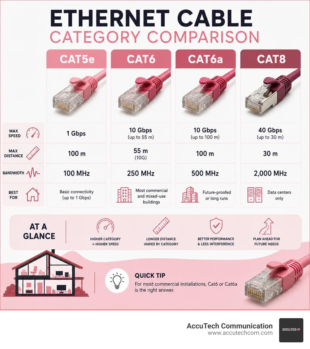 Ethernet cable categories comparison infographic Cat5e Cat6 Cat6a Cat8 speeds and distances infographic