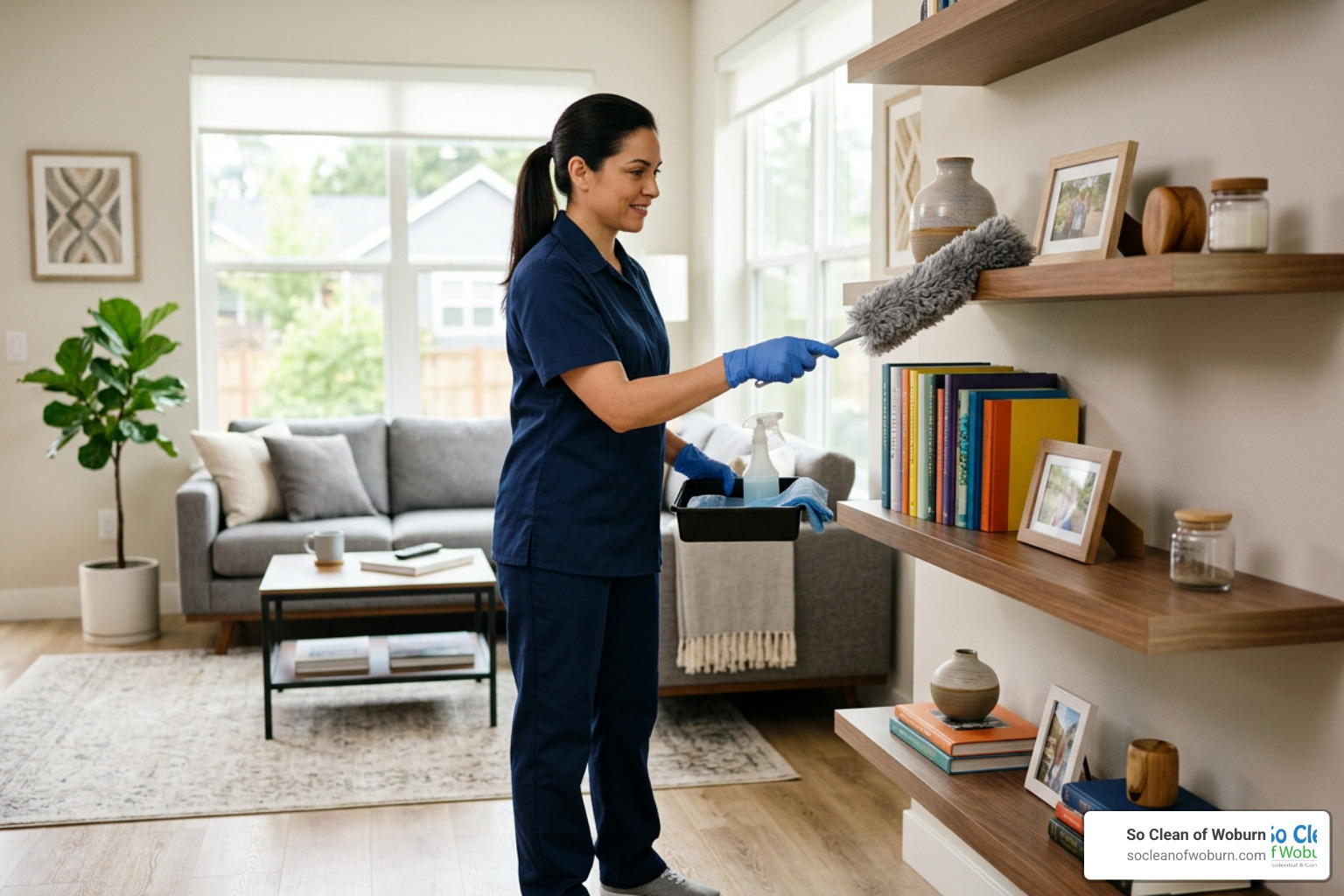 Professional cleaner dusting a clean modern living room shelf