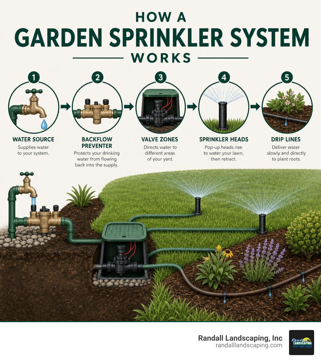 Infographic showing how a garden sprinkler system works: water source to backflow preventer to valve zones to sprinkler Infographic showing how a garden sprinkler system works: water source to backflow preventer to valve zones to sprinkler
