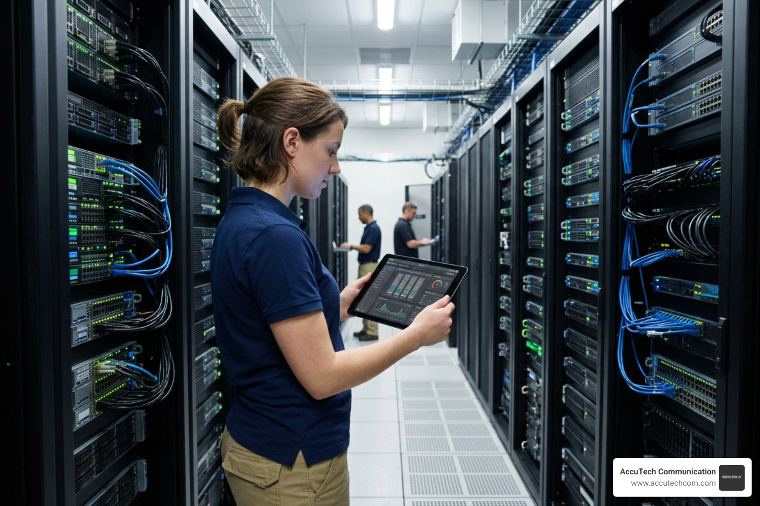 Technician monitoring critical data center infrastructure using a modern DCIM software interface on a tablet