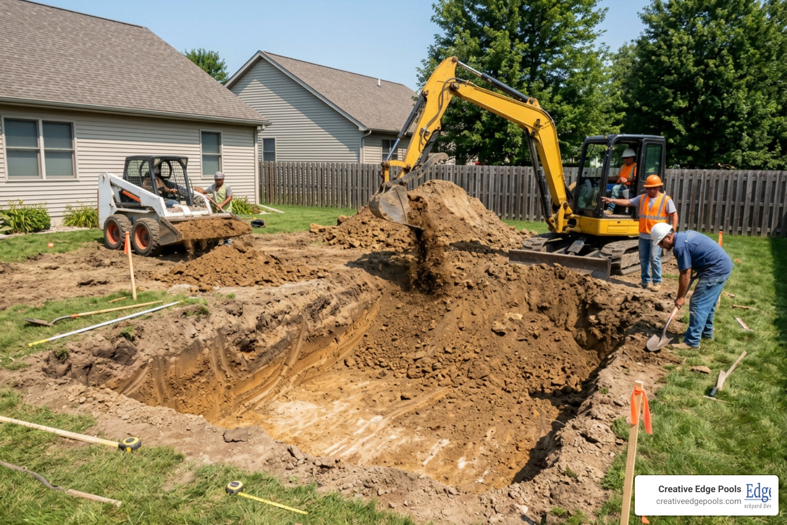 pool construction site with excavation equipment