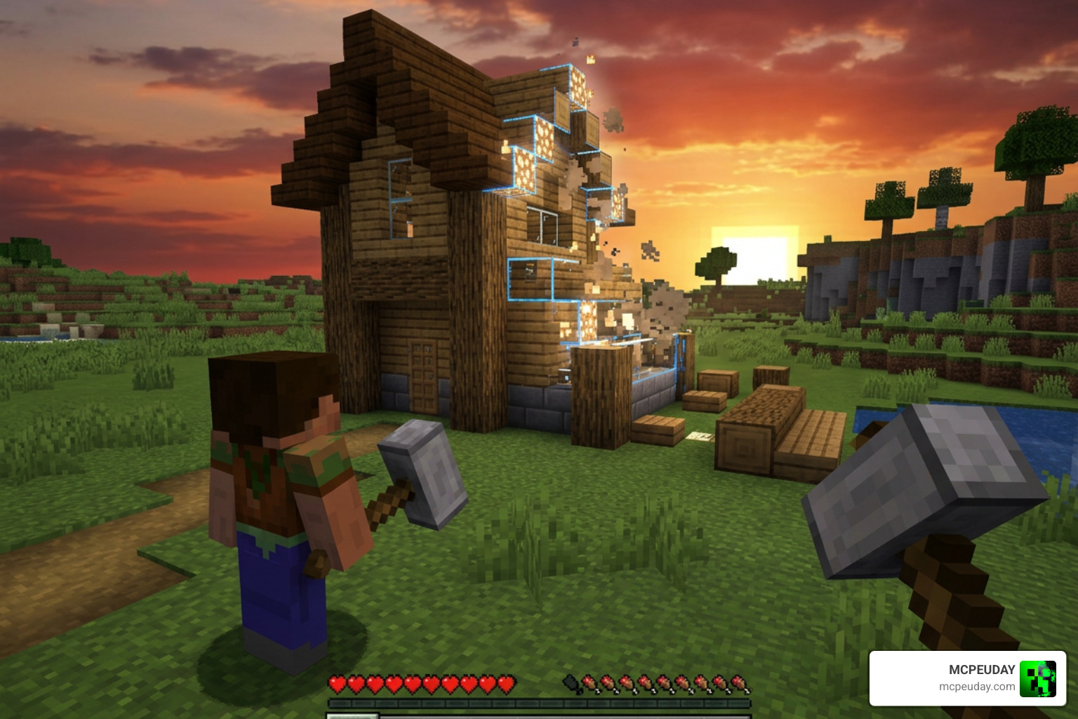 Using the Hammer Tool to place a house in Survival Mode