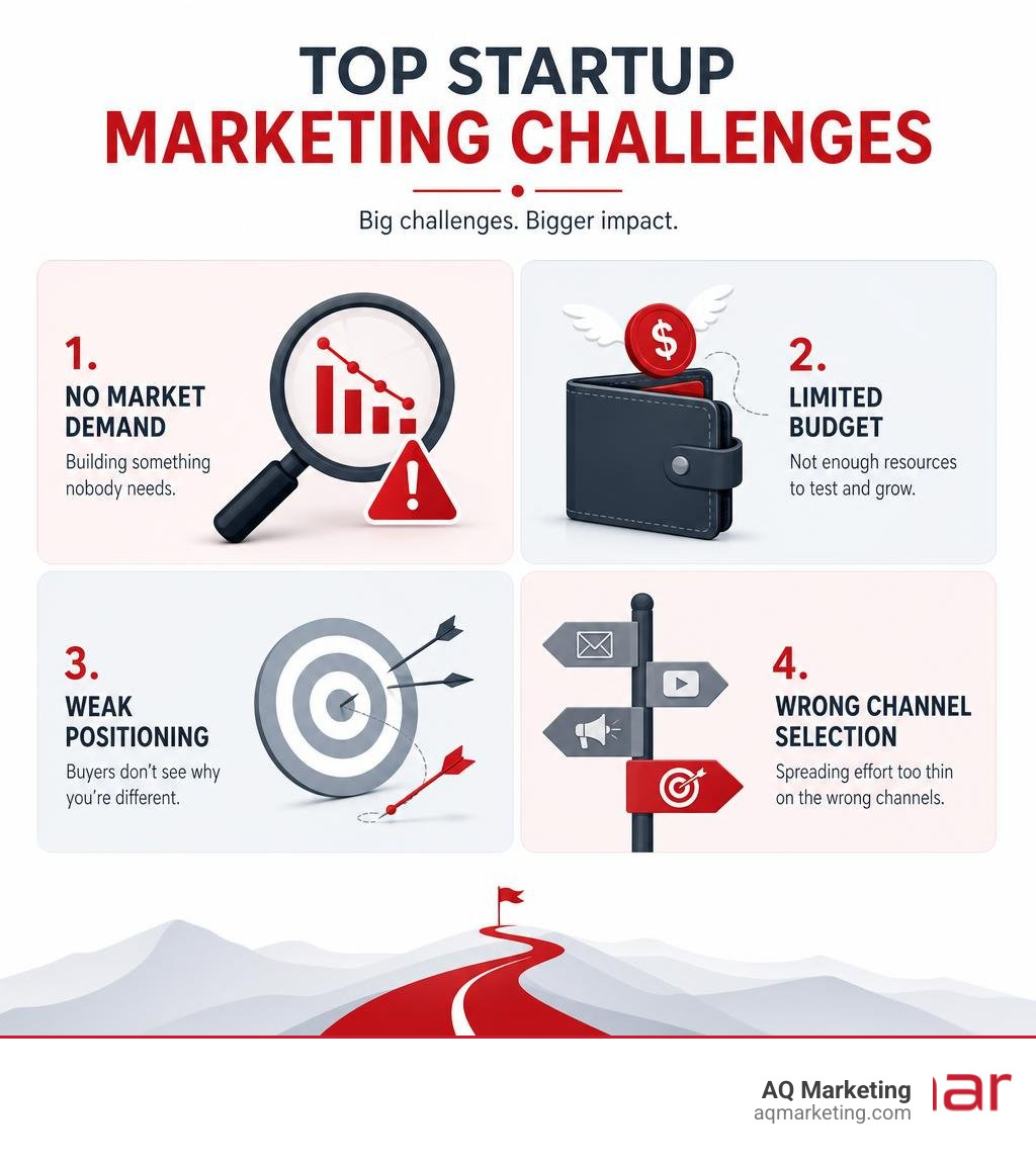 Infographic showing top startup marketing challenges including no market demand, budget limits, weak positioning, and wrong Infographic showing top startup marketing challenges including no market demand, budget limits, weak positioning, and wrong