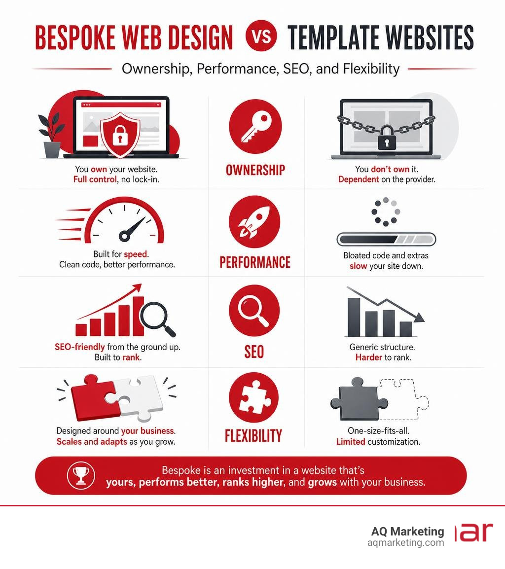 Infographic comparing bespoke web design vs template websites: ownership, performance, SEO, and flexibility infographic