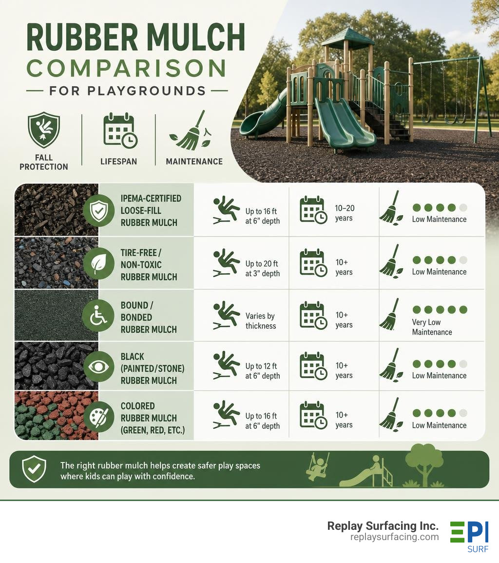 infographic comparing rubber mulch types for playgrounds by fall protection, lifespan, and maintenance infographic infographic comparing rubber mulch types for playgrounds by fall protection, lifespan, and maintenance infographic