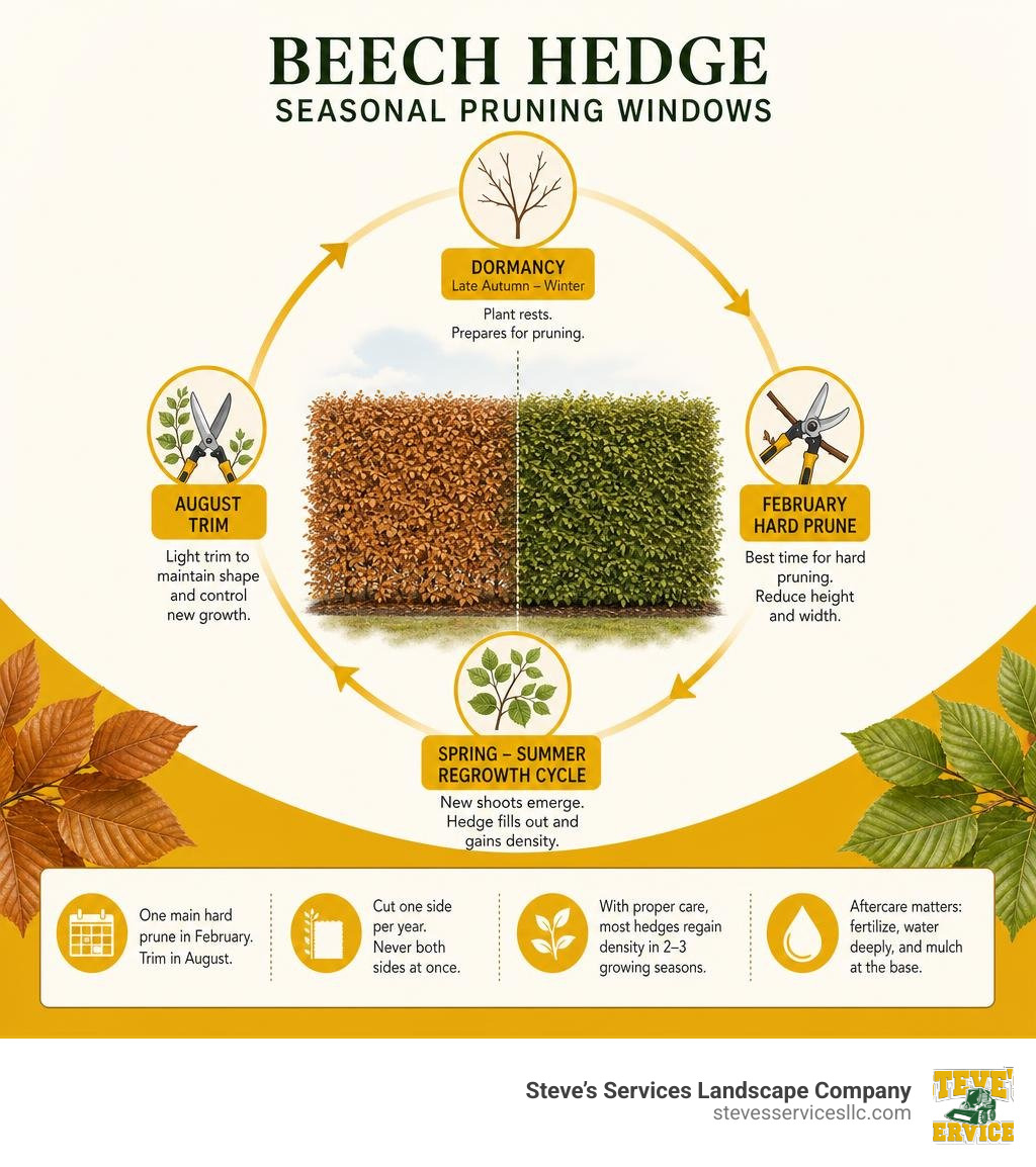 Beech hedge seasonal pruning windows infographic showing dormancy period, February hard prune, August trim, and regrowth Beech hedge seasonal pruning windows infographic showing dormancy period, February hard prune, August trim, and regrowth