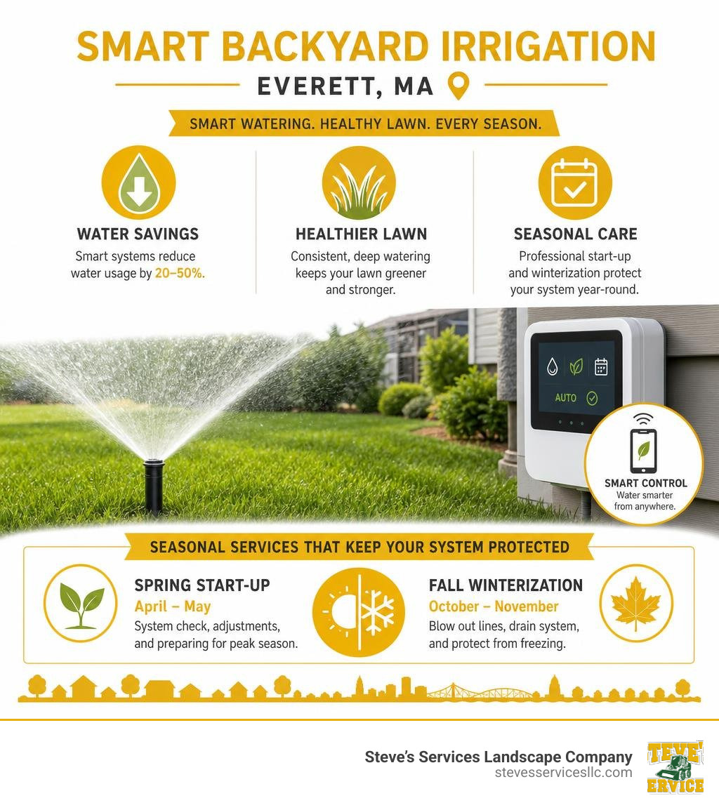Infographic showing benefits of smart backyard irrigation systems in Everett MA including water savings, lawn health, and Infographic showing benefits of smart backyard irrigation systems in Everett MA including water savings, lawn health, and