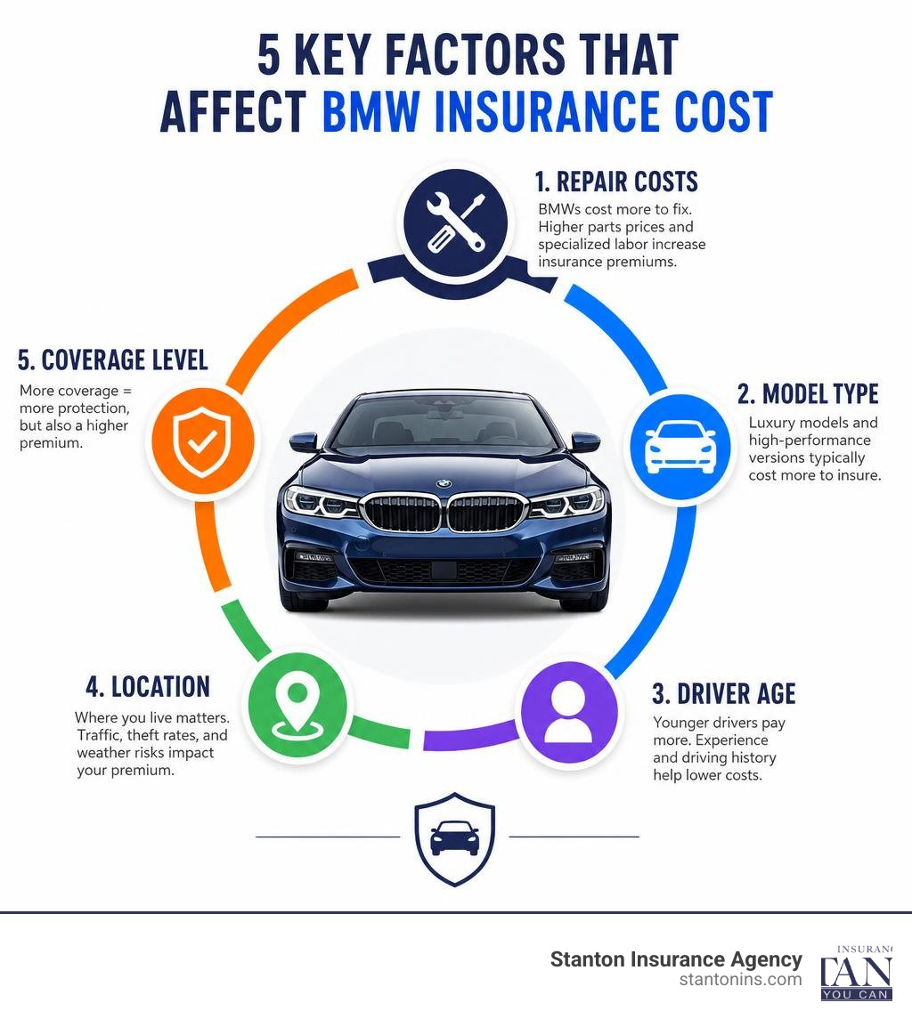 Infographic showing BMW insurance cost factors: repair costs, model type, driver age, location, and coverage level Infographic showing BMW insurance cost factors: repair costs, model type, driver age, location, and coverage level