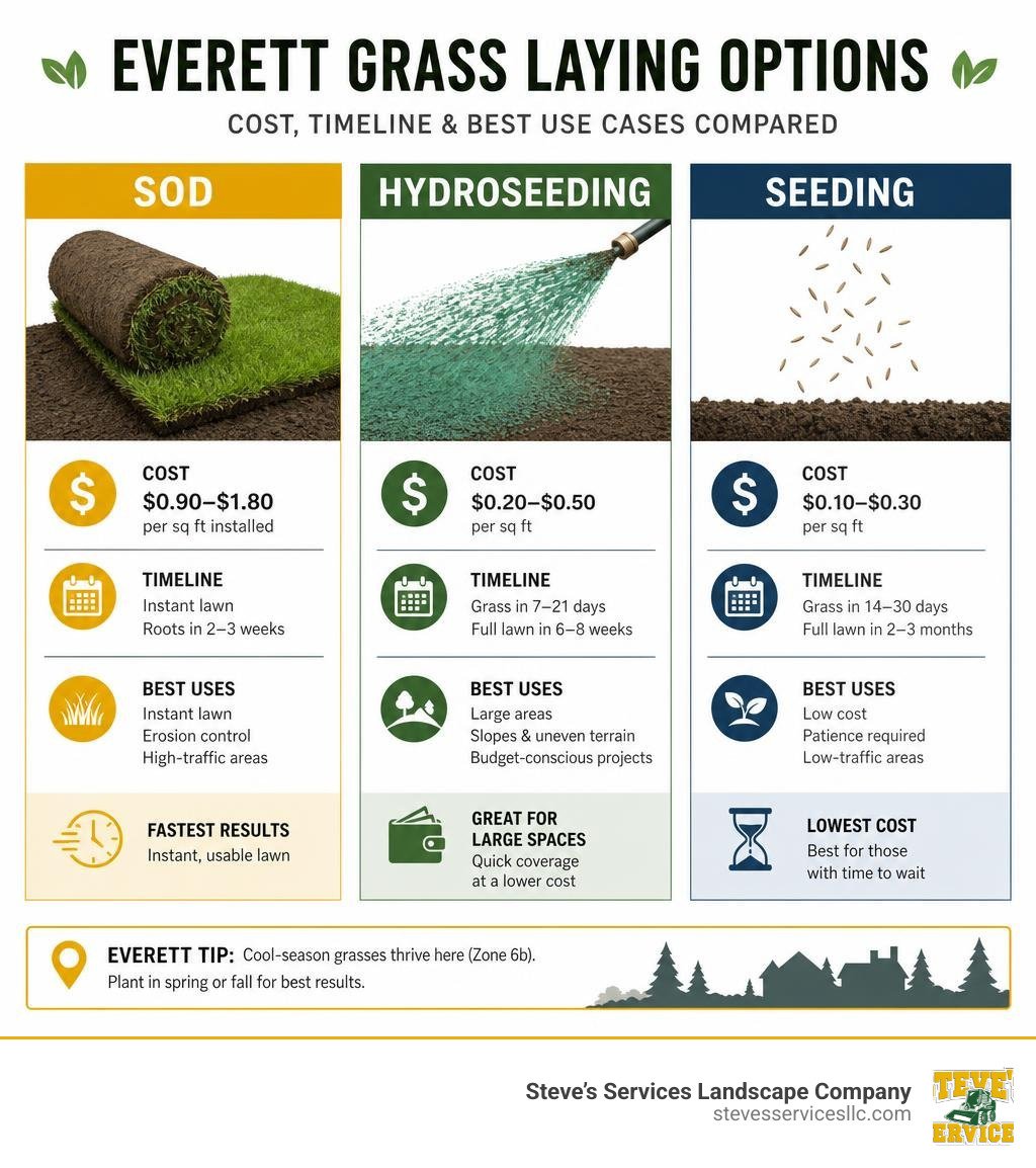 Infographic comparing sod vs. hydroseeding vs. seeding for Everett grass laying: cost, timeline, and best use cases Infographic comparing sod vs. hydroseeding vs. seeding for Everett grass laying: cost, timeline, and best use cases