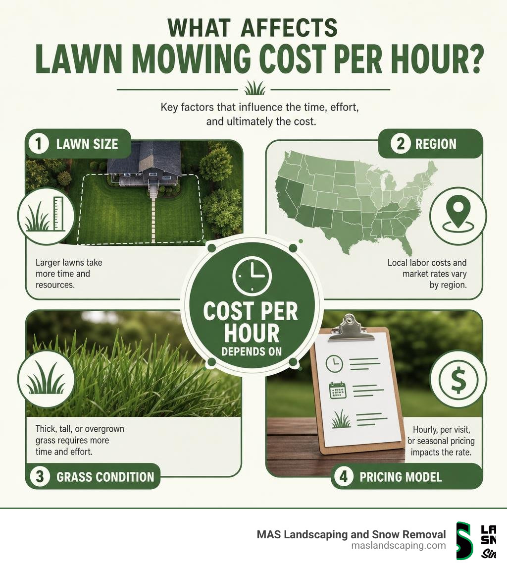 Infographic showing lawn mowing cost per hour factors including lawn size, region, grass condition, and pricing model Infographic showing lawn mowing cost per hour factors including lawn size, region, grass condition, and pricing model