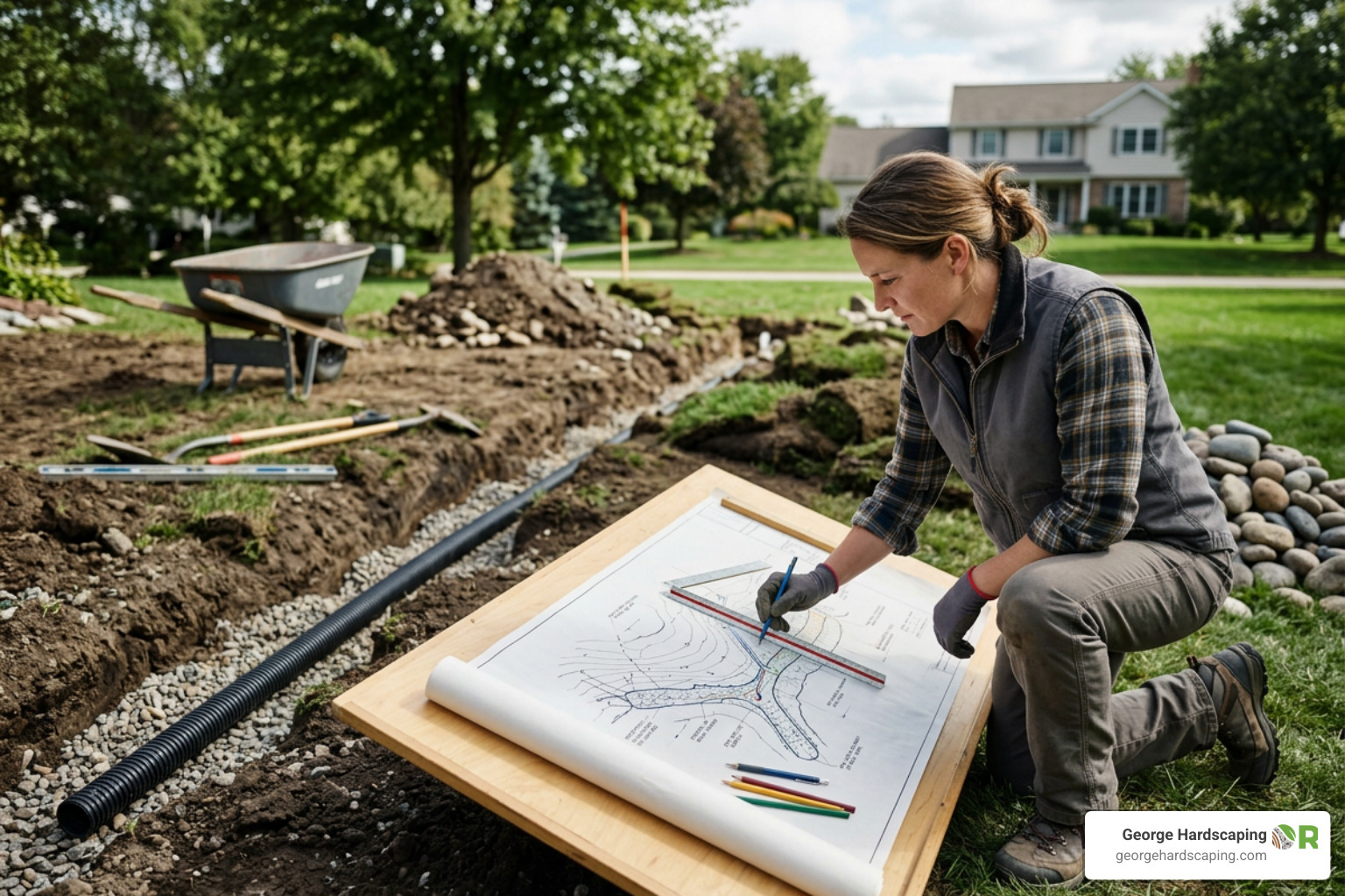 A custom landscape drainage system layout plan being drawn up