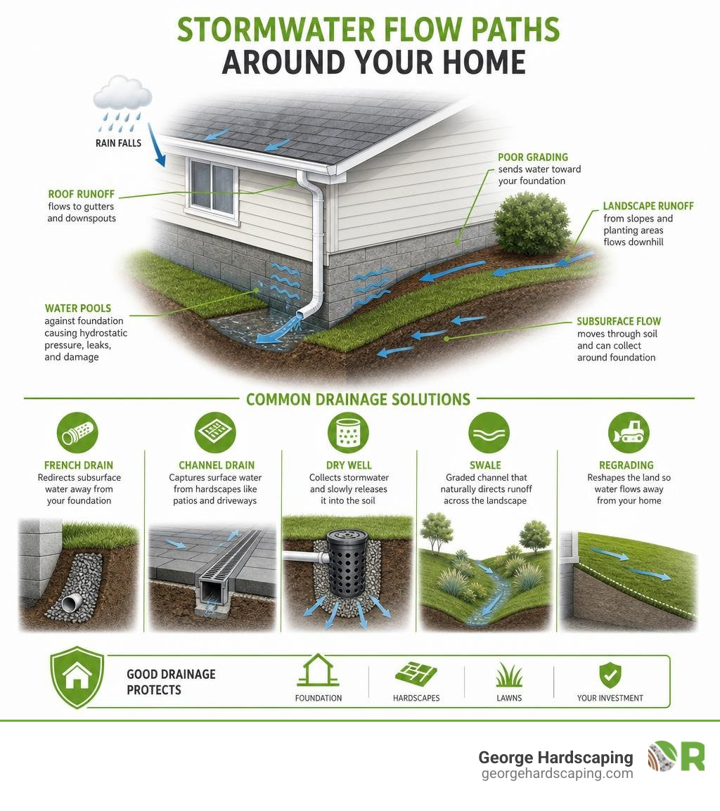 Infographic showing stormwater flow paths around a residential foundation and common drainage solutions infographic