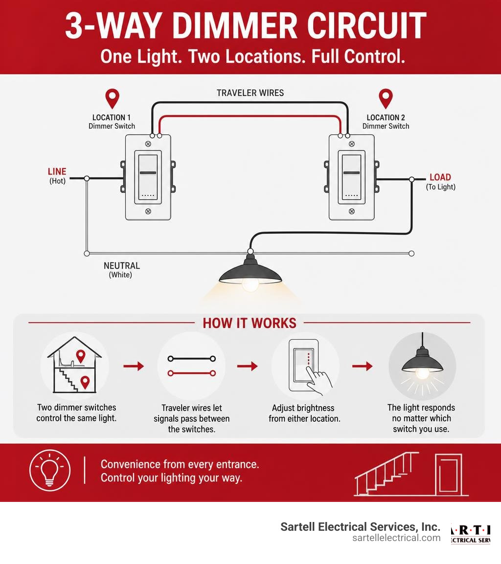 Infographic showing how a 3-way dimmer circuit controls one light from two locations infographic Infographic showing how a 3-way dimmer circuit controls one light from two locations infographic