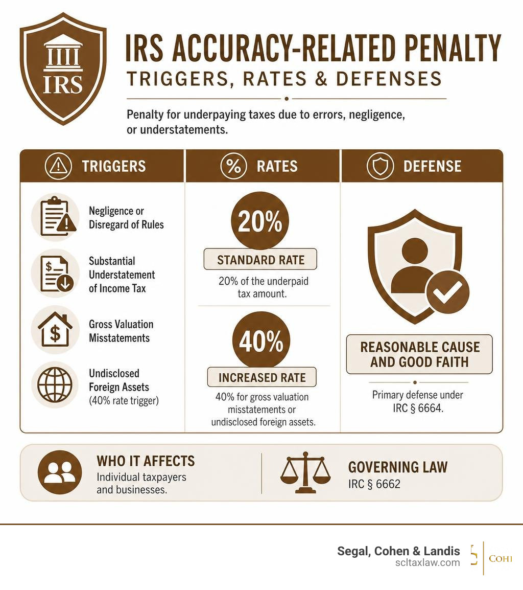 IRS accuracy-related penalty triggers, rates, and defenses infographic infographic