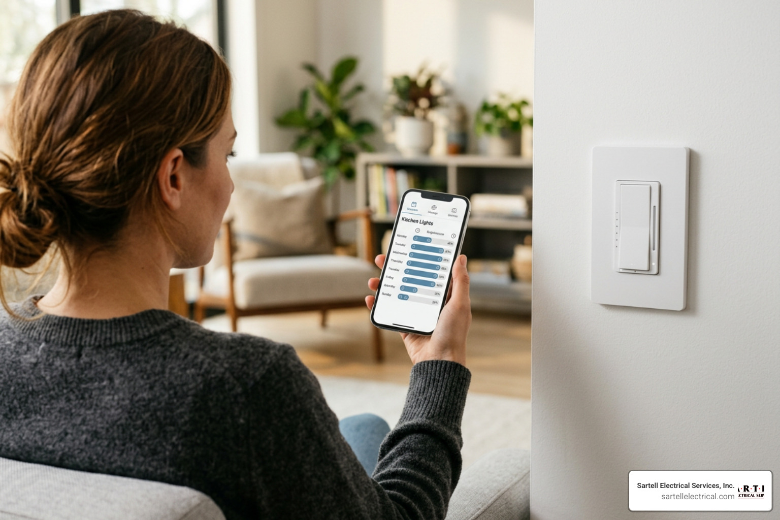 Smart dimmer switch with a smartphone app interface showing lighting control schedule Smart dimmer switch with a smartphone app interface showing lighting control schedule
