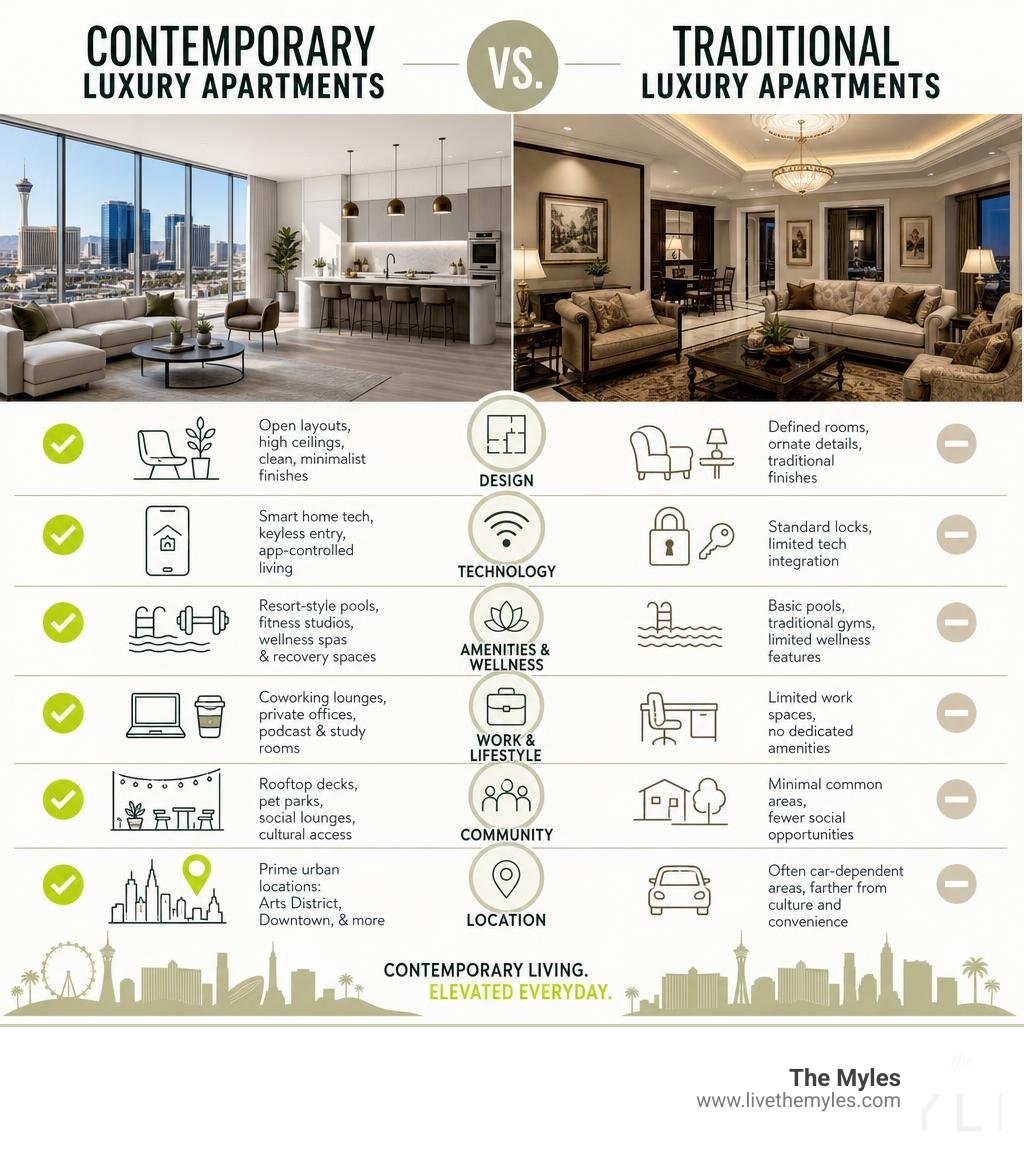 Contemporary vs traditional luxury apartments Las Vegas features comparison infographic infographic
