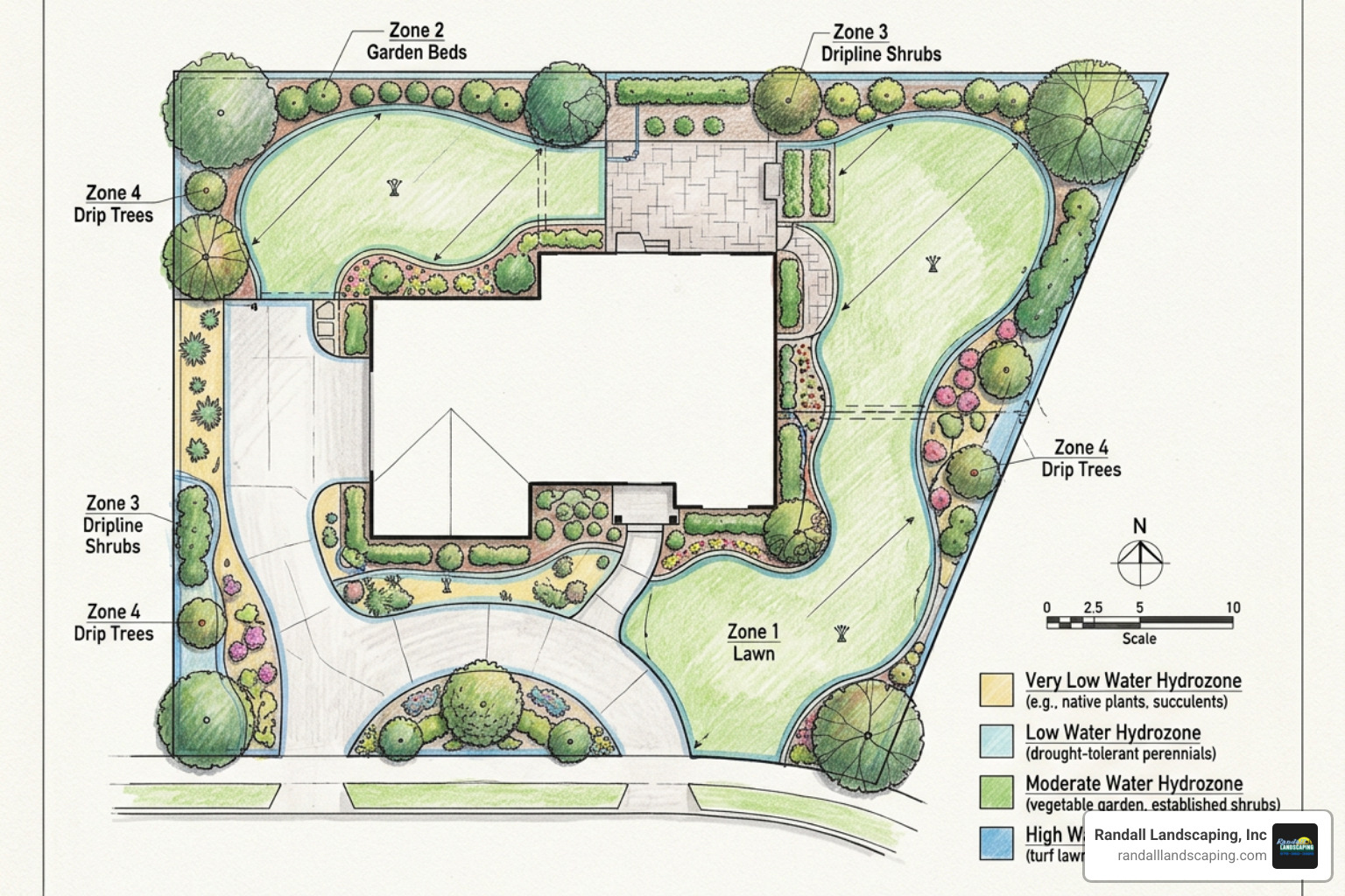 Residential yard layout map showing irrigation zones and hydrozones Residential yard layout map showing irrigation zones and hydrozones