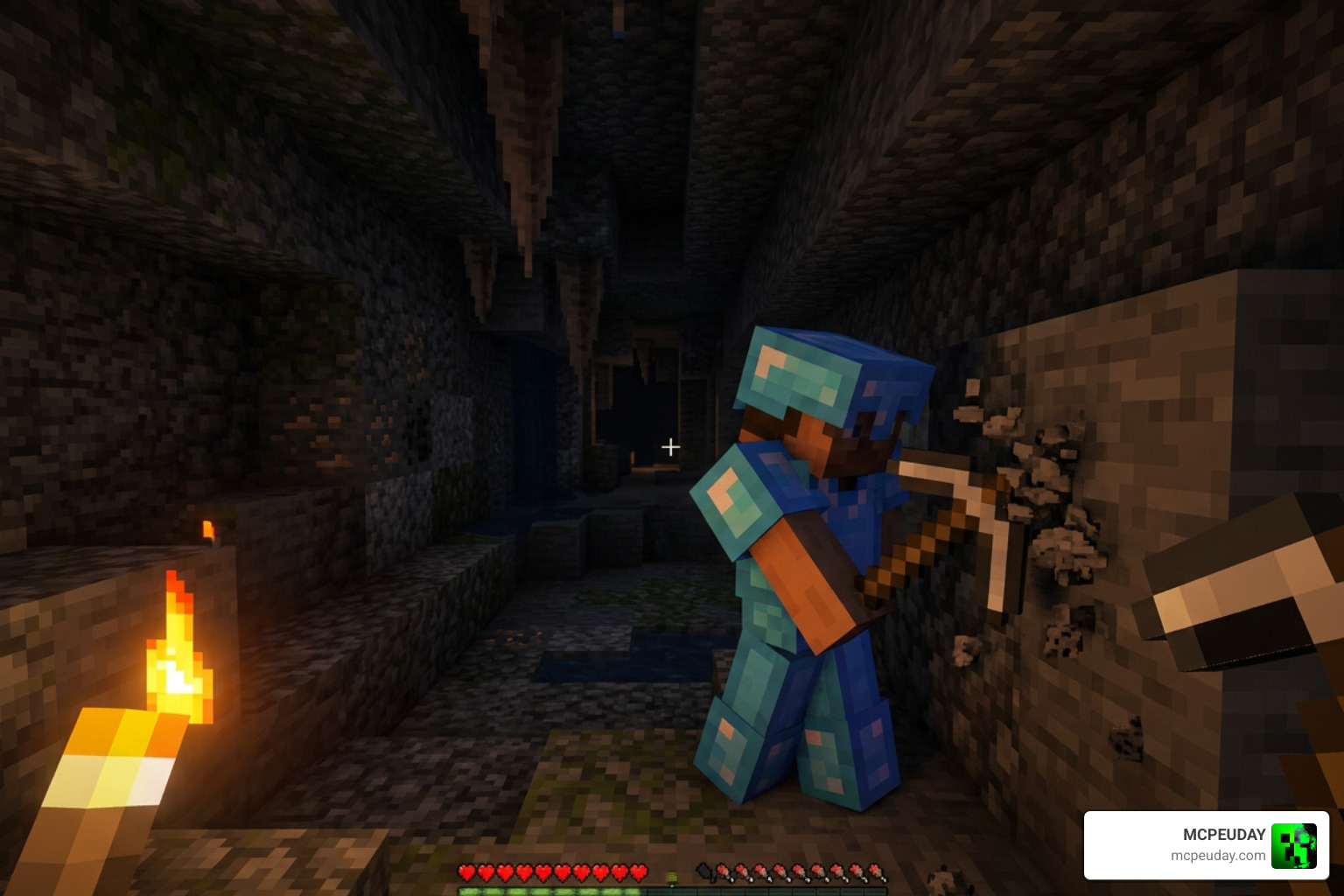 DoubleHands torch lighting up dark cave while holding pickaxe