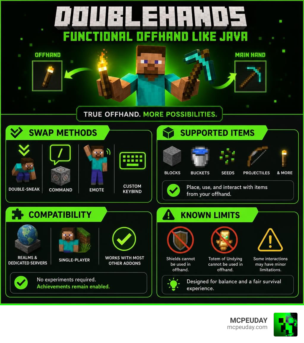 Infographic showing DoubleHands offhand features: swap methods, supported items, compatibility, and known limits infographic