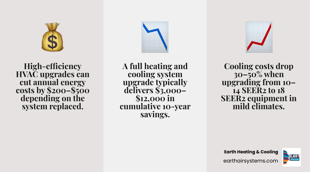 Infographic showing HVAC efficiency ratings SEER2 AFUE HSPF2 and estimated annual savings by upgrade type infographic