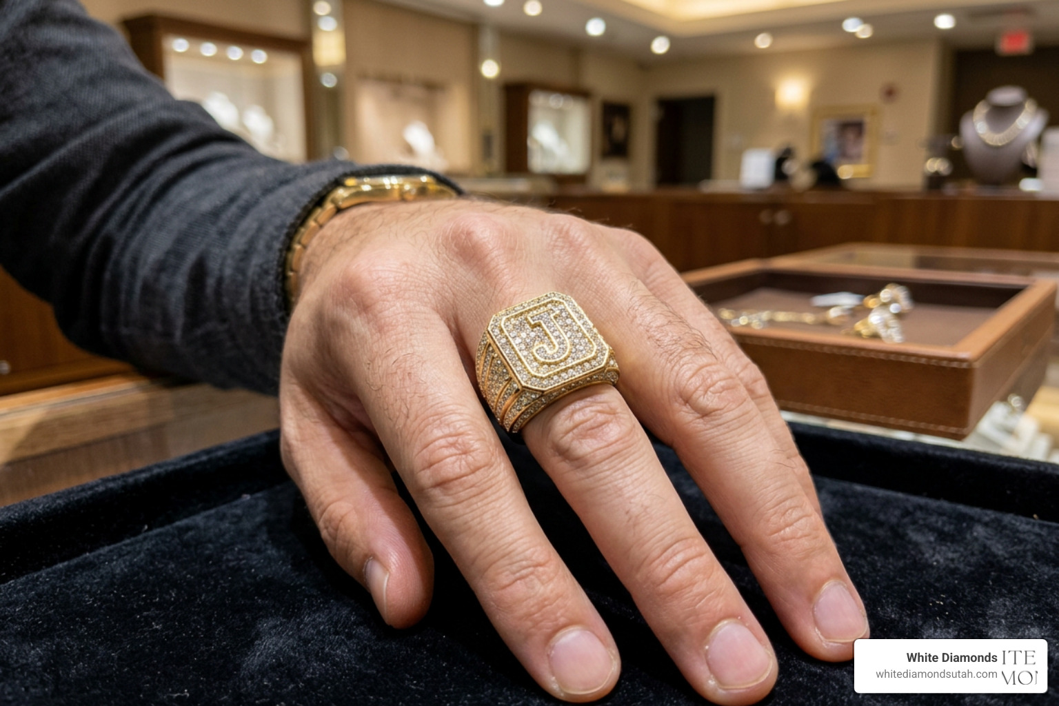 A diamond-encrusted gold initial ring sparkling under warm jewelry store lighting A diamond-encrusted gold initial ring sparkling under warm jewelry store lighting
