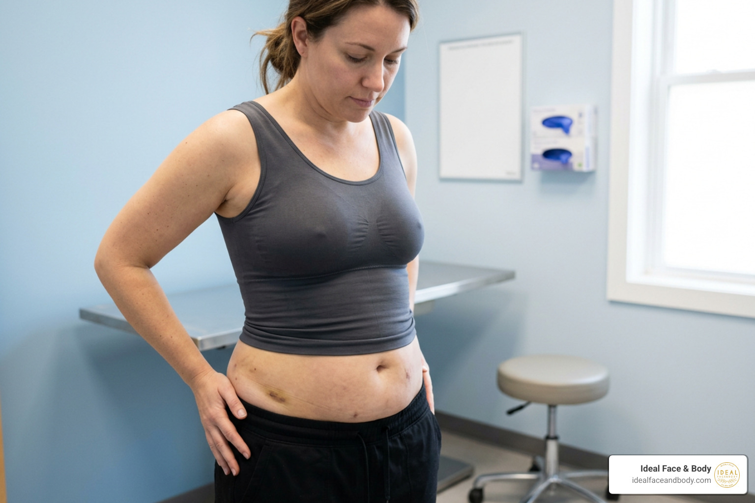 Patient showing abdominal contouring at 3 weeks post-op liposuction Patient showing abdominal contouring at 3 weeks post-op liposuction