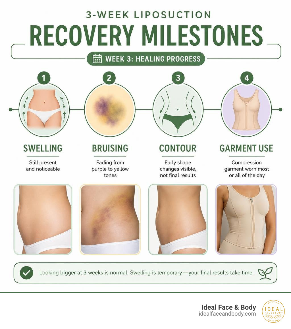 Infographic showing 3-week liposuction recovery milestones: swelling, bruising, contour, garment use infographic Infographic showing 3-week liposuction recovery milestones: swelling, bruising, contour, garment use infographic