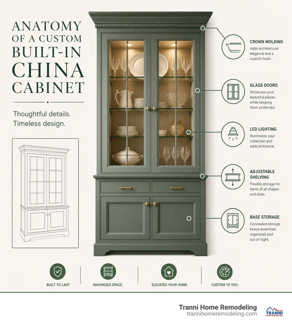 Anatomy of a custom built-in china cabinet with labeled parts like crown molding, glass doors, LED lighting, adjustable Anatomy of a custom built-in china cabinet with labeled parts like crown molding, glass doors, LED lighting, adjustable