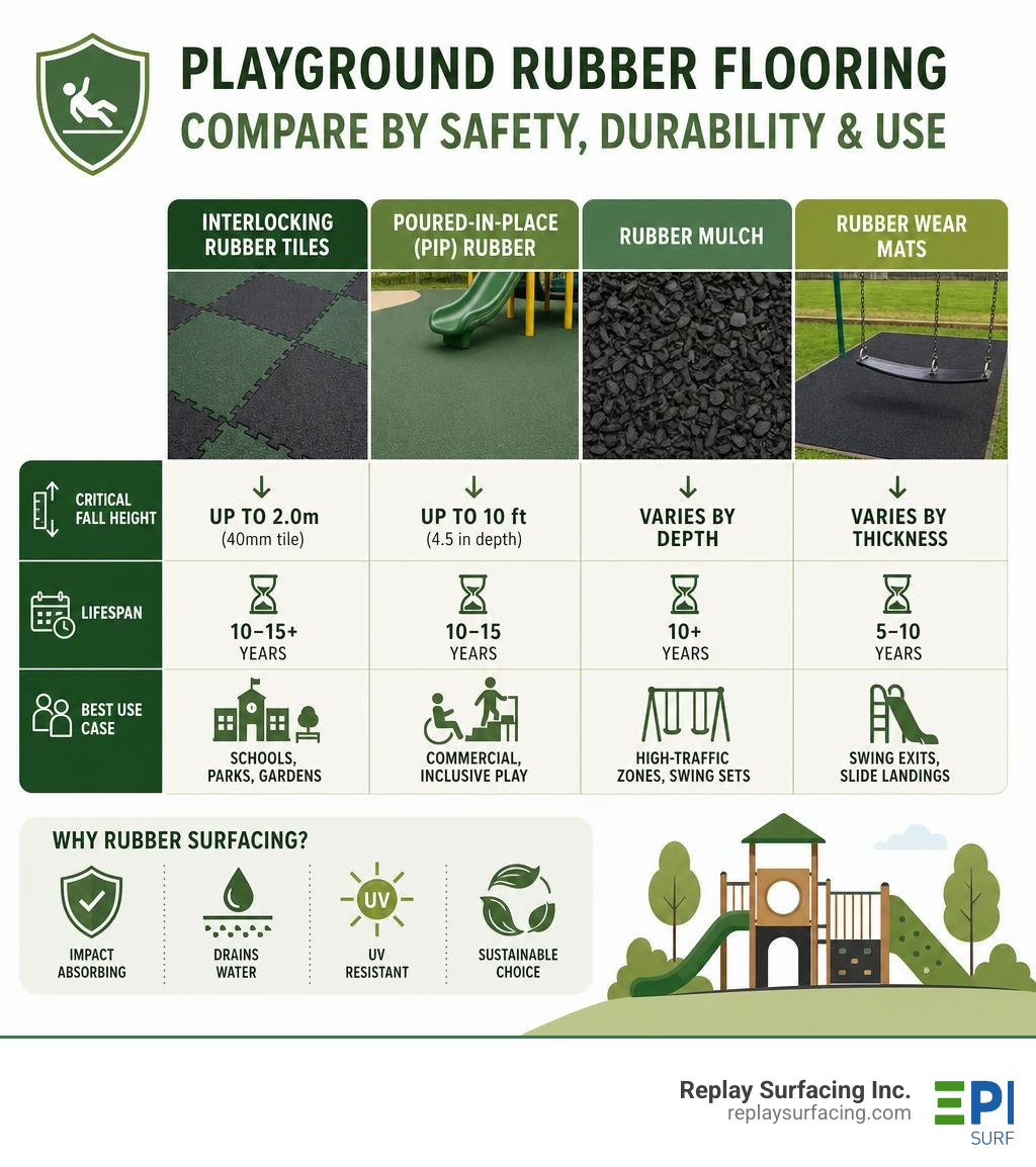 Infographic comparing playground rubber flooring types by fall height, lifespan, and best use case infographic